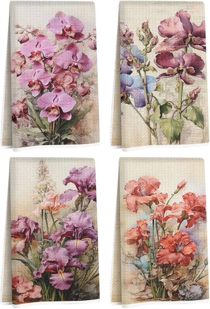 Jztco 4 Pcs Vintage Flower Kitchen Towels, Artistic Decorative Absorbent Microfiber Dish Cloth Tea Towel, Durable Waffle Hand Towels for Farmhouse Home Bathroom, Housewarming Gifts for Women