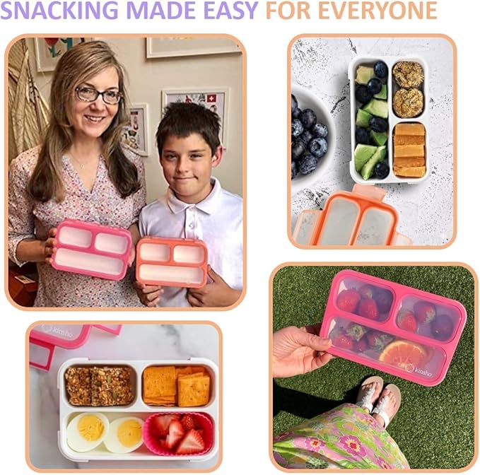Small Snack Containers for Kids Toddlers - 3 Compartments (Set of 3) - Leak-Proof Reusable Boxes with Lids -BPA-Free Plastic Mini Bento Lunch Box - Ideal for School, Holds 2 Cups (Pink+ Purple+ Coral)