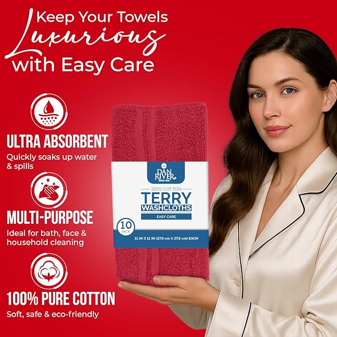 DAN RIVER 10 Pack Wash Cloths for Showering [11x11] - 100% Cotton Washcloths Premium Quality Flannel Face Cloths for Bathroom, Highly Absorbent and Soft Feel Wash Clothes, Assortment 6