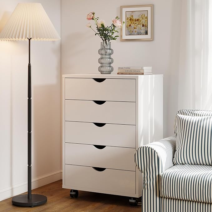 Sweetcrispy 5 Drawer Chest Mobile Storage Cabinets Small Wooden Dresser with Wheels Room Organization Furniture for Office Home, White Wood