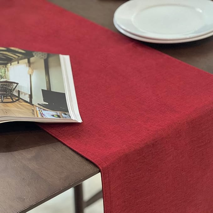 Linen Table Runner and Placemats Set of 6, Farmhouse Style Tabletop Collection, Thick Double Layer Heat-resistand Table Mats for Kitchen, Dining, Holiday Party by Auscmu TC/ Wine Red