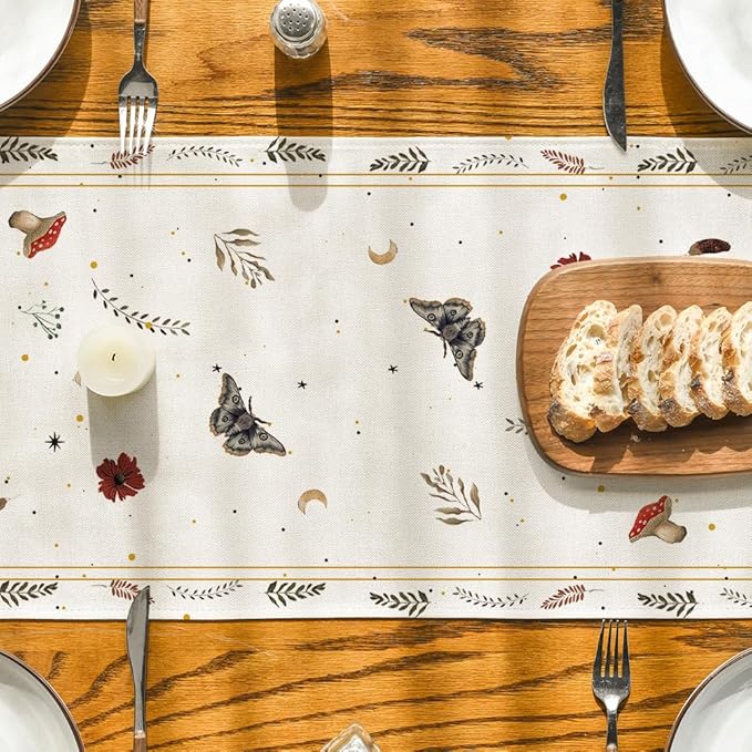 Artoid Mode Beige Poppy Moth Mushroom Moon Fall Table Runner, Seasonal Autumn Kitchen Dining Table Decoration for Home Party Decor 13x72 Inch