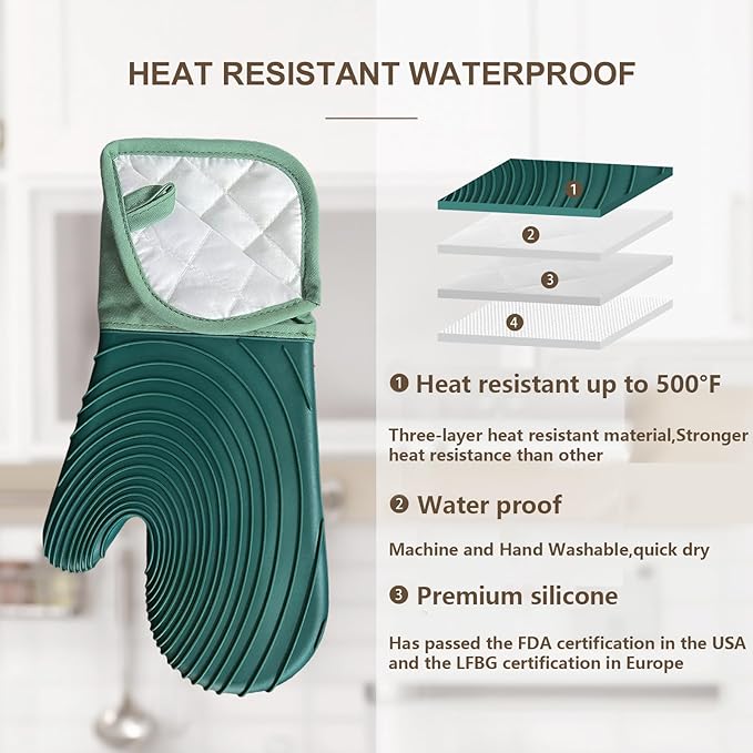 Silicone Oven Mitts-13.6 in Extended Oven Mitts Heat Resistant 500F, Oven Gloves with Soft Liner Good Grippy BPA-Free Easy to Clean Flexible-Oven Mits Set for Cooking Baking Grilling BBQ