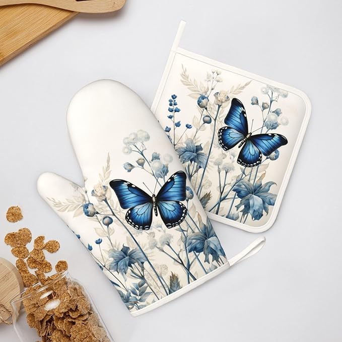 Oven Mitts and Pot Holders Butterfly Blue Flower Boho Silicone Kitchen Accessories Set of 2 Heat Resistant Long Gloves Potholder Non-Slip Grip for Chef Cooking,Baking,Grilling,BBQ