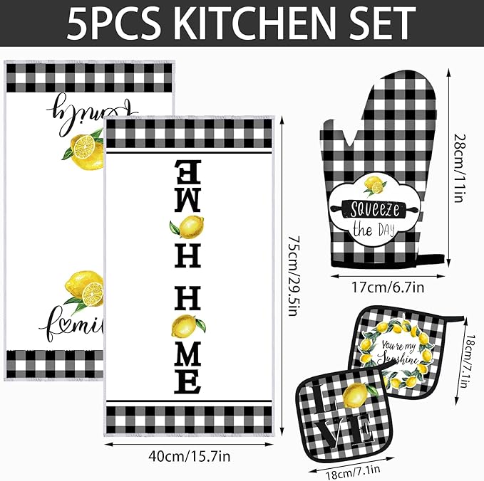 5 Pieces Buffalo Plaid Kitchen Towels Oven Mitts and Pot Holder Set Black and White Kitchen Towels Oven Gloves, Hot Pads Pot Holders for Farm House Accessories Decor(Lemon)