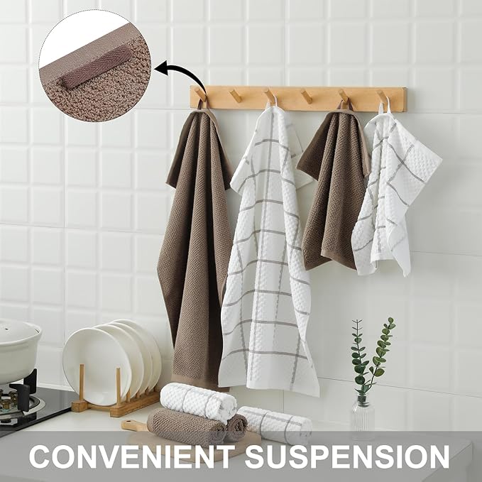 12 Pack Kitchen Towels and Dishcloths Set, 100% Cotton Soft and Absorbent Kitchen Towels 16 x 25 inche & 13 x 13inche Dishcloths