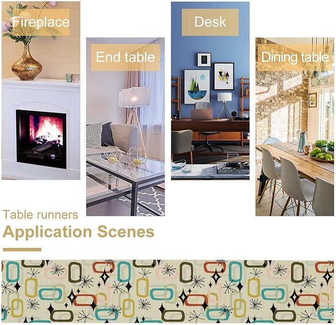 Mid Century Table RunnerRetro Atomic Starbursts Boho Abstract Geometric Art Printed Dinner Runner for Home Kitchen Dining Table Decor Fabric 1 Panel W13xL108in