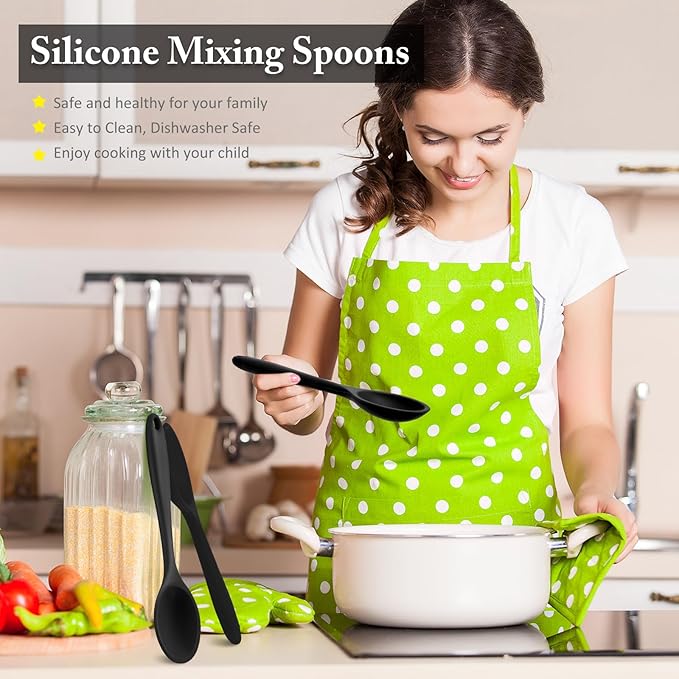 Shappy 4 Pieces Silicone Cooking Spoons 10.6 Inch Heat Resistant Kitchen Spoons for Mixing, Serving and Stirring Upgrade Large Non Stick Basting Utensils, Dishwasher Safe(Spoon,Black)
