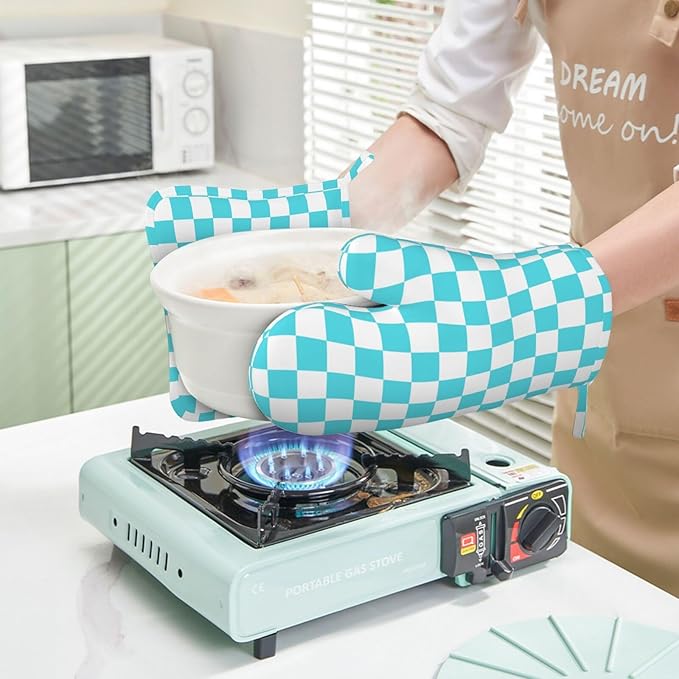 Turquoise Teal Checkered Oven Mitts and Pot Holders Sets of 4, Heat Resistant Silicone Oven Mittens and Potholders Gloves Hot Pads for Kitchen Cooking Baking Grilling BBQ Chef