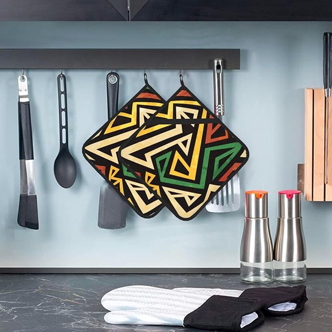 Pot Holders 2 Pcs Sets for Kitchen African Tribe Ethnic,Oven Pan Plate Bowl Pads Heat Proof Mat with Hanging Loop, Heat Resistant Potholders for Cooking Vintage Geometric Bohemian
