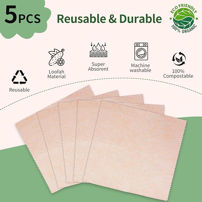 5 Pack Swedish Dishcloths for Kitchen, 100% Compostable Loofah & Plant Fiber Swedish Dish Cloths, Reusable Cleaning Cloths, Super Absorbent, Non-Stick Oil, Fast Dry(7.87x7.87in)