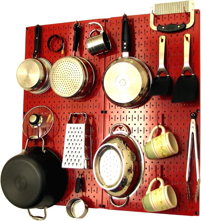 Wall Control Kitchen Pegboard Organizer Pots and Pans Storage Rack Organization Kit with Red Pegboard and Red Accessories
