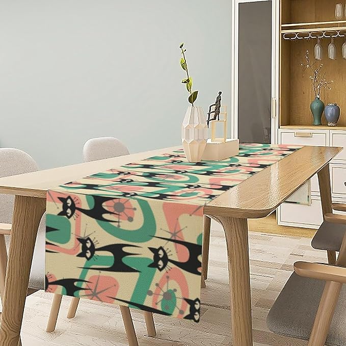 Mid Century Table Runner Black Cat Abstract Geometric Retro Art Printed Dinner Runner for Home Kitchen Dining Table Decor Fabric 1 Panel W13xL90in