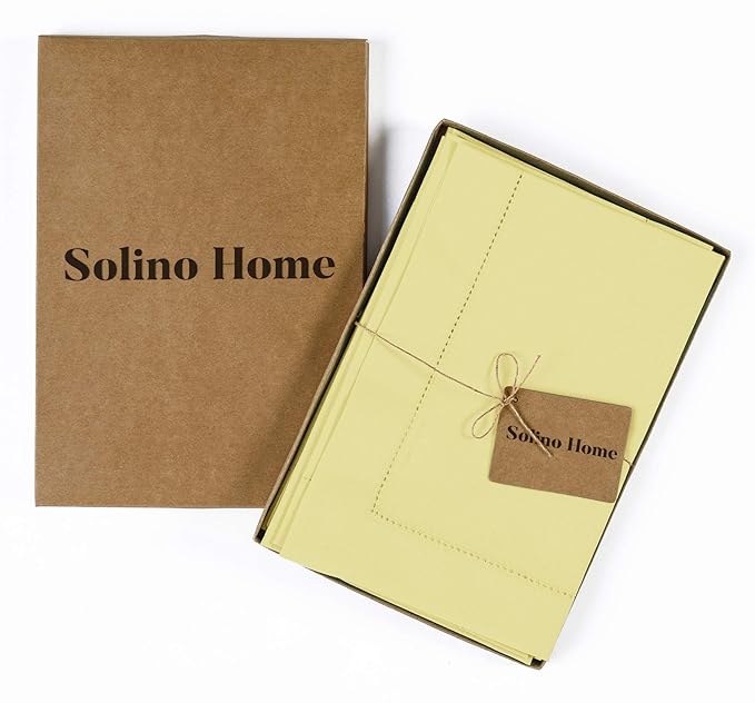 Solino Home Yellow Napkins Set of 4 - Cotton Linen Hemstitch Dinner Napkins Cloth 20 x 20 Inch for Spring, Summer, Mothers Day - Handcrafted and Machine Washable