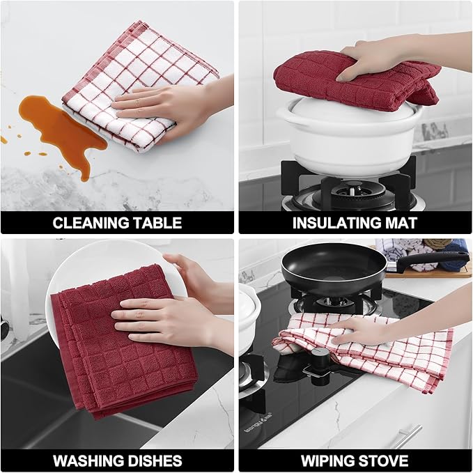 Homaxy Premium Cotton Kitchen Towels 16"x 28", Large Natural Ring Spun 390 GSM Dish Towels, Super Absorbent Terry Kitchen Hand Towels, Soft Tea Towels with Hanging Loop, Red Check Design, 8 Pack
