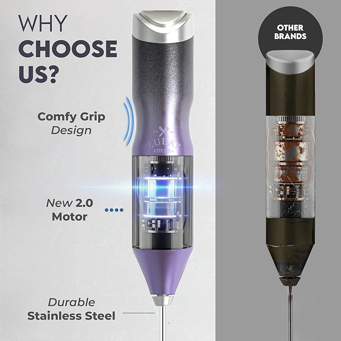 Zulay Kitchen Powerful Frother Wand AA Batteries Included, Ultra Fast Handheld Drink Mixer, Comfort Milk Frother, Stainless Steel Whisker, Frother Handheld for Coffee, Protein & Matcha - Frothmate 2.0