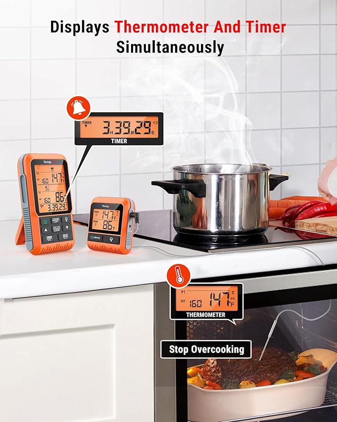 TempPro TP826 500FT Wireless Meat Thermometer, Dual Meat Probe Cooking Thermometer with HI/Low Alert, Food Grill Temperautre Probe for BBQ, Smoker, Oven, Grilling Gift (Previously ThermoPro)