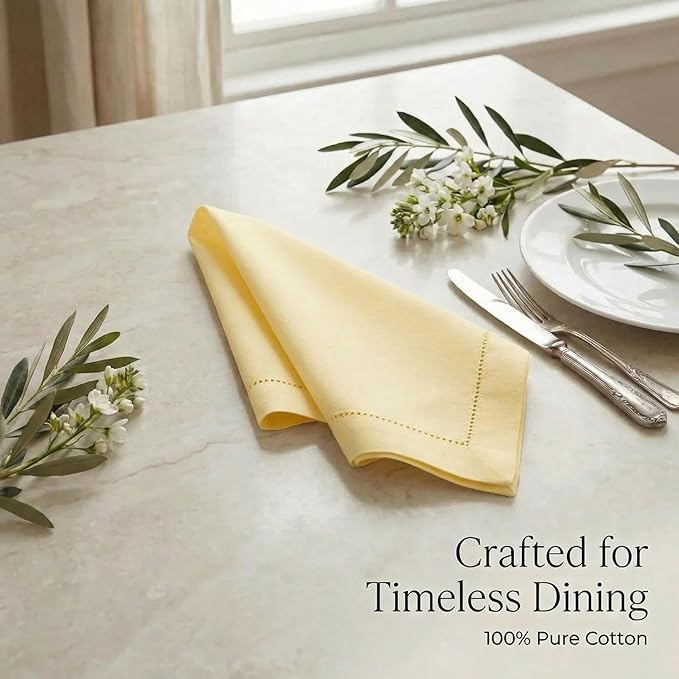 Urban Villa Cloth Napkins Set of 12 (20x20)100% Cotton Hemstitch Napkins Cloth Washable Durable Reusable Absorbent Table Dinner Napkins Cloth for Easter Decorations Restaurant Weddings Parties -Yellow