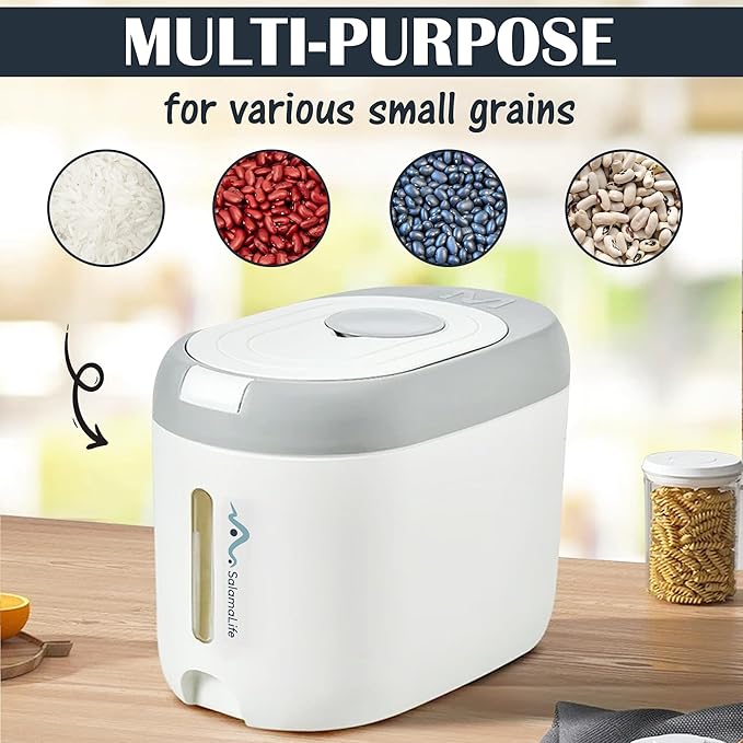 Airtight Food Storage Multi-Purpose Plastic Container with Lids -22 lbs Bucket, Rice dispenser & sugar container-dog food storage, Cereal & Grain Storage- White/Grey
