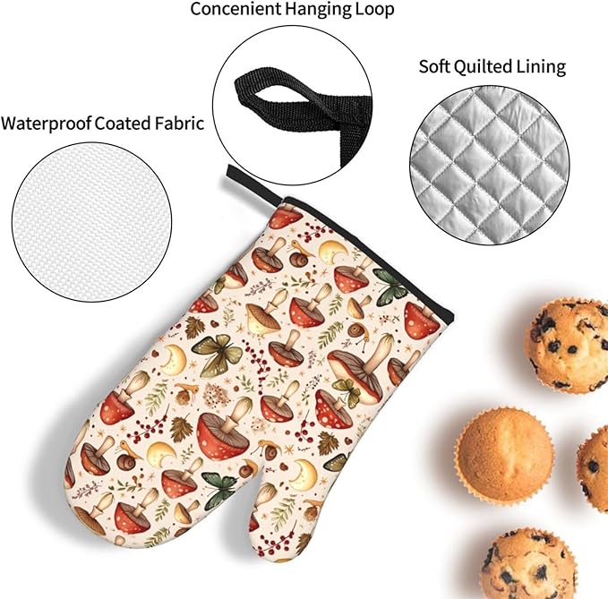 Mushroom Pot Holders and Oven Mitts Set, Botanic Farmhouse Potholders and Oven Mitts for Baking Cooking Grilling BBQ, Mushroom Gifts for Women Chef Baker