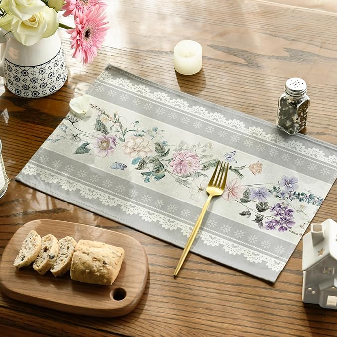 Artoid Mode Grey Printed Lace Floral Spring Placemats Set of 4, 12x18 Inch Seasonal Summer Holiday Table Mats for Party Kitchen Dining Decoration
