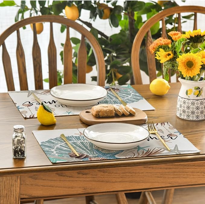 Artoid Mode Sunshine Starfish Shell Summer Placemats Set of 4, 12x18 Inch Seasonal Spring Holiday Table Mats for Party Kitchen Dining Decoration