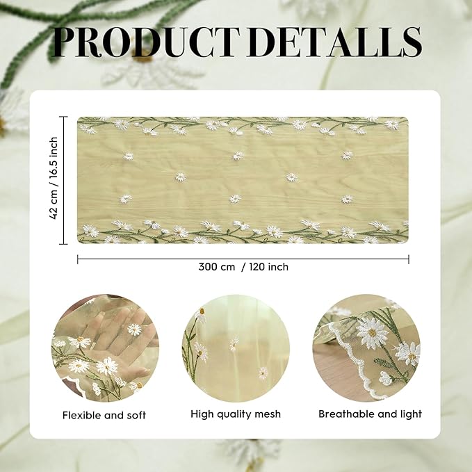 Artoid Mode Daisy Floral Yellow Shaped Gauze Embroidery Table Runner 120 Inch 10FT, Tulle Spring Summer Kitchen Dining Table Decor for Home Party