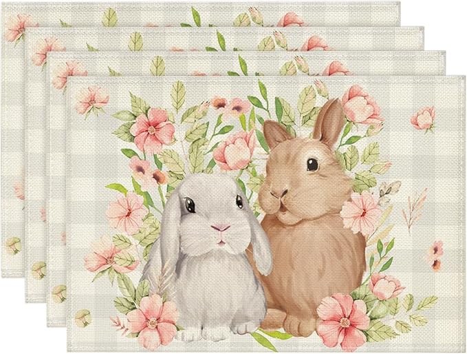 Artoid Mode Grey White Bunny Rabbit Flowers Buffalo Plaid Easter Placemats Set of 4, 12x18 Inch Spring Table Mats for Party Kitchen Dining Decoration