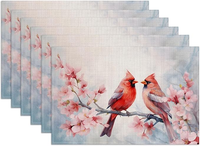 Red Cardinal Pink Cherry Blossom Placemats Set of 6, Spring Bird Branches Washable Linen Place Mat Heat Resistant Non Slip Kitchen Dining Table Mats 12x18 Inch