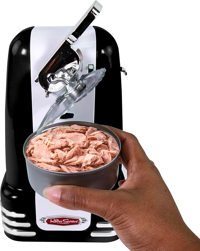Nostalgia Retro Electric Can Opener for Kitchen with Magnetic Lid Remover, Knife Sharpener, and Soda or Beer Bottle Opener, Black