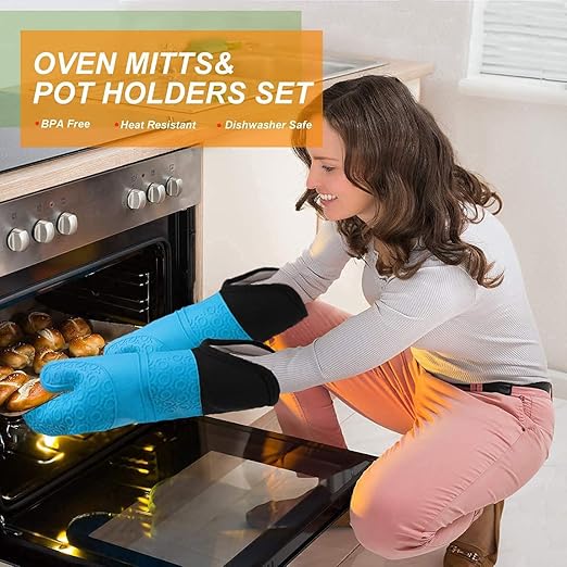 Silicone Oven Mitts and Pot Holders Set, MTZRFLL Extra Long Heat Resistant Oven Gloves with Hot Pads and Mini Oven Mittens for Grilling, Kitchen Cooking Baking, Soft Quilted Lining, Pack of 6 (Blue)
