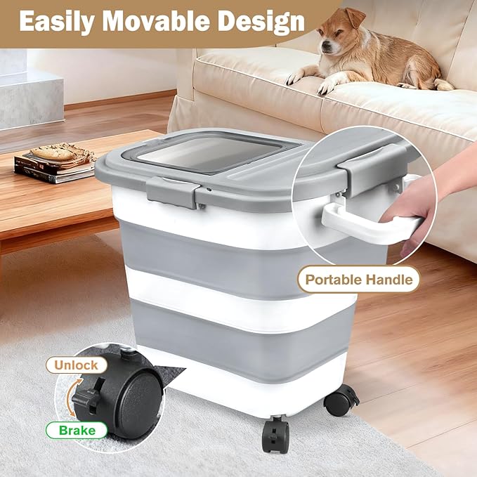 Komzon Rice Storage Container, Collapsible Airtight Food Storage Containers 20-30 Lbs, Rice Dispenser Bin with Cup and Scoop for Flour Cereal Pasta Grain, Cat Bird Pet Dog Food Storage Container