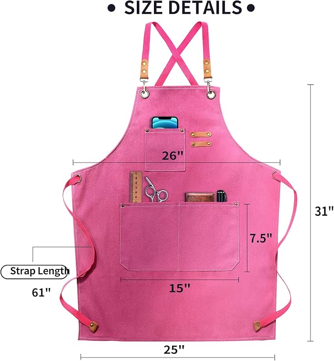 ZOMAO Apron for Women,Baking Kitchen Cooking Apron with Pockets, Cotton Canvas Cross Back Apron with Adjustable Strap and Large Pockets,BBQ Drawing Crafting Aprons for Women Chef (Pink)