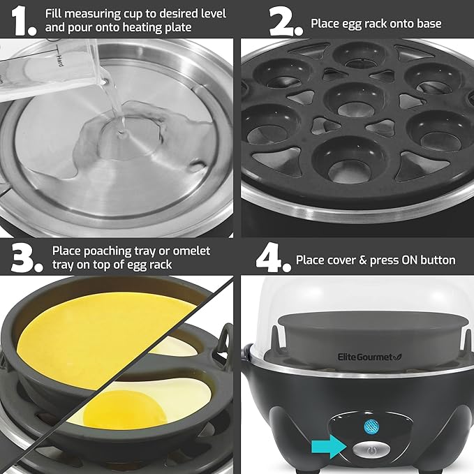 Elite Gourmet EGC710DKG Rapid Egg Cooker, 7 Easy-To-Peel, Hard, Medium, Soft Boiled Eggs, Poacher, Omelet Maker, Auto Shut-Off, Alarm, 16-Recipe Booklet, BPA-Free, Ash