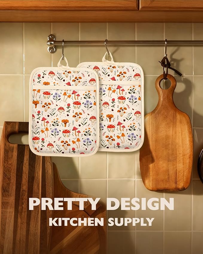 Slohif Silcone Mushroom Pot Holders for Kitchen - 100% Cotton Beige Cute Oven Potholders with Pockets, Heat Resistant Square Thick Hot Pads, House New Home Baking Baker Gifts,2pack