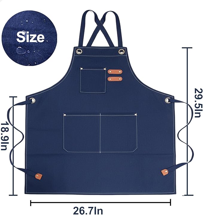 Chef Apron with Large Pockets for Women Men, Cotton Canvas Cross Back Water Repellent Adjustable Work Apron