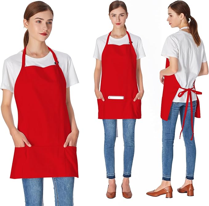 Jubatus 2 Pack 3 Pockets 100% Cotton Adjustable Bib Apron Chef Kitchen Cooking Aprons for Women Men, Red