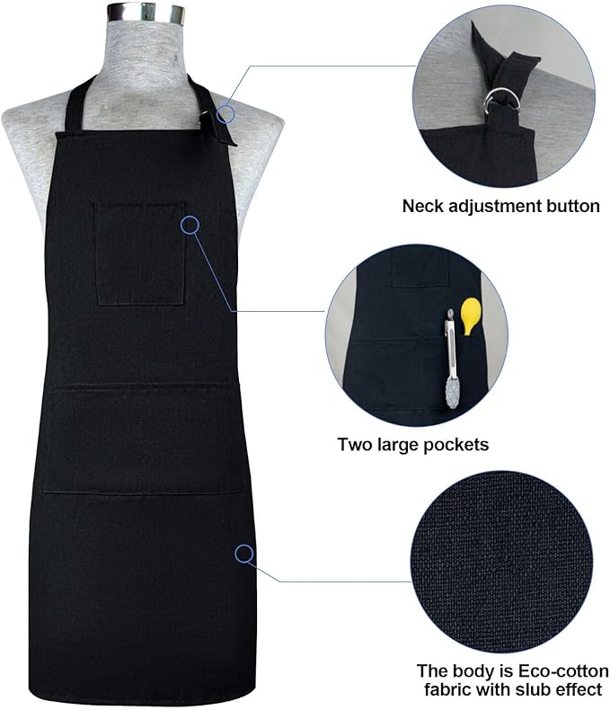 Oven Mitts and Pot Holders with Cooking Apron Set of 5, Heat Resistant Kitchen Gloves and Silicone Non-Slip Potholders, Adjustable Neck Buckle Chef Apron, Cotton Nice Design for Cooking (Black)…