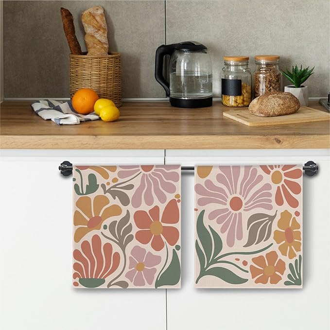 Vibrant Boho Floral Kitchen Towels, Groovy 70s Retro Flower Dish Towels Drying Cloth for Kitchen, Mid Century Modern Botanical Hand Towels for Bathroom, 16x24 Inch Set of 2