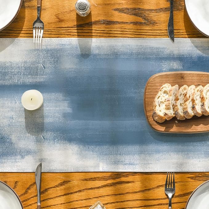 Artoid Mode Light Blue Abstract Modern Art Table Runner, Seasonal Summer Farmhouse Style Kitchen Dining Table Decoration for Home Party Decor