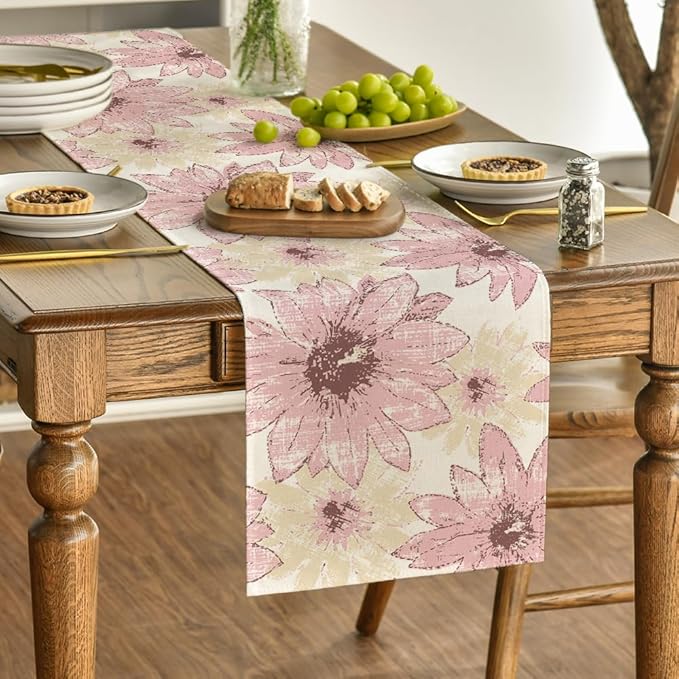 Artoid Mode Pink Retro Daisy Spring Table Runner, Seasonal Vintage Kitchen Dining Table Decoration for Home Party Decor 13x72 Inch