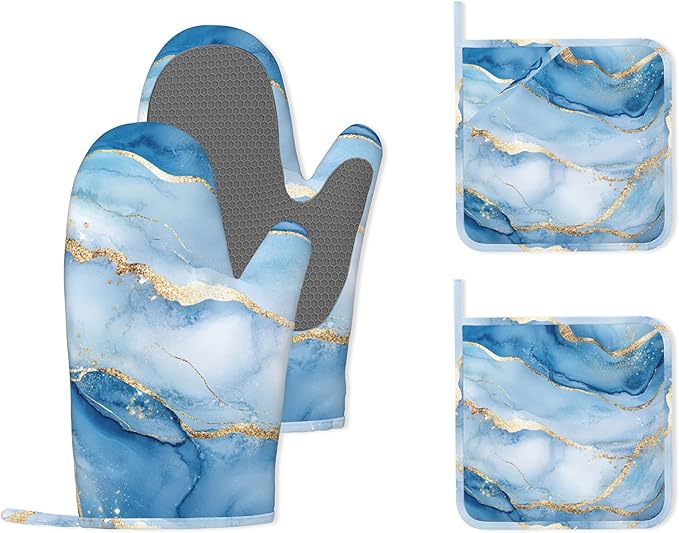 Blue Gold Marble Heat-Resistant Silicone Oven Mitts and Pot Holder 4 Piece Set,Non-Slip Kitchen Oven Gloves for Baking, BBQ, Cooking,Grilling
