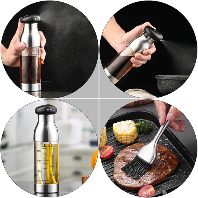 Stainless Steel Dual-head Oil and Vinegar Sprayer Set, 2pcs Portable Kitchen Oil Dispenser with Brush, Mist Spray and Press Bottle for Cooking and Salad Use