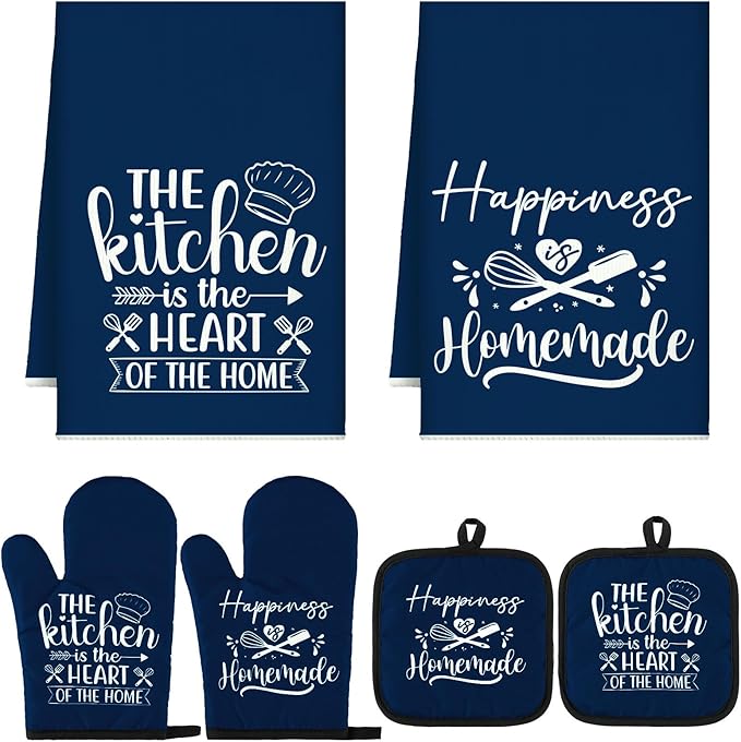 Sratte 6 Pcs Kitchen Decor Accessories Set Farmhouse Towels Pot Holders Oven Mitts Set 2 Dish Towels 2 Potholders 2 Cooking Mittens Oven Glove for Christmas Baking Cooking Supply(Blue,Kitchen)