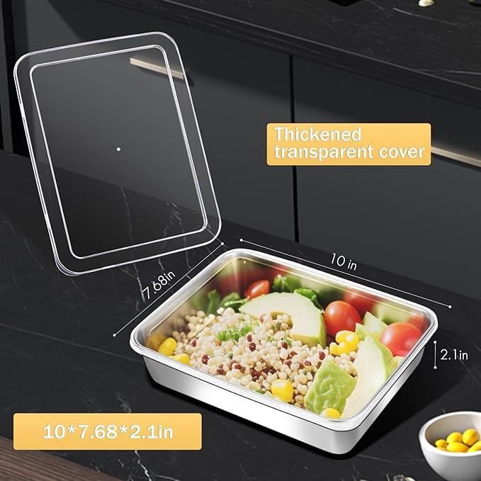 3-Pack Stainless Steel Food Storage Containers with Clear Lids - Stackable Meal Prep Trays for Lunch, Leftovers, Freezer & Dishwasher Safe(10x7.68x2.1in)