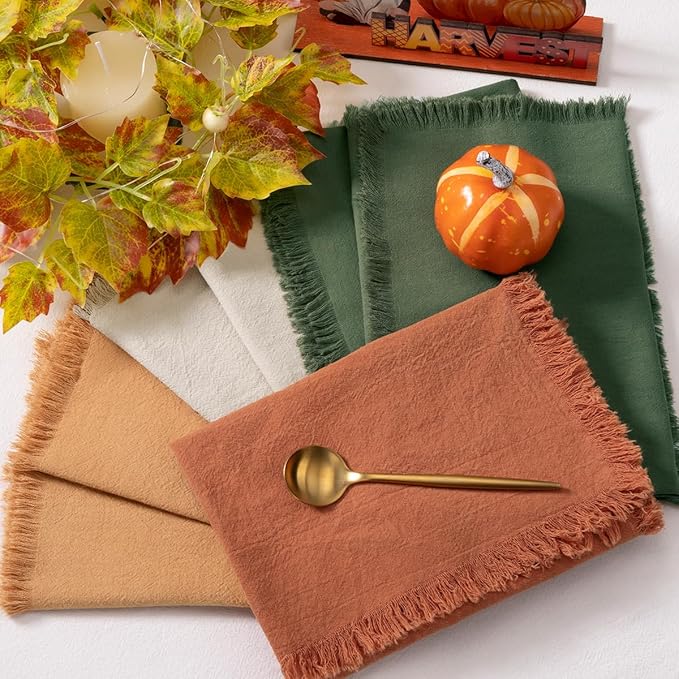 DeZerlor 12 Pack Thanksgiving Color Cotton Linen Napkins with Fringe Fall Napkins Cloth Set of 12 Boho Napkins Handmade Dinner Napkins Bulk for Wedding Thanksgiving Dining Table, 17 x 17