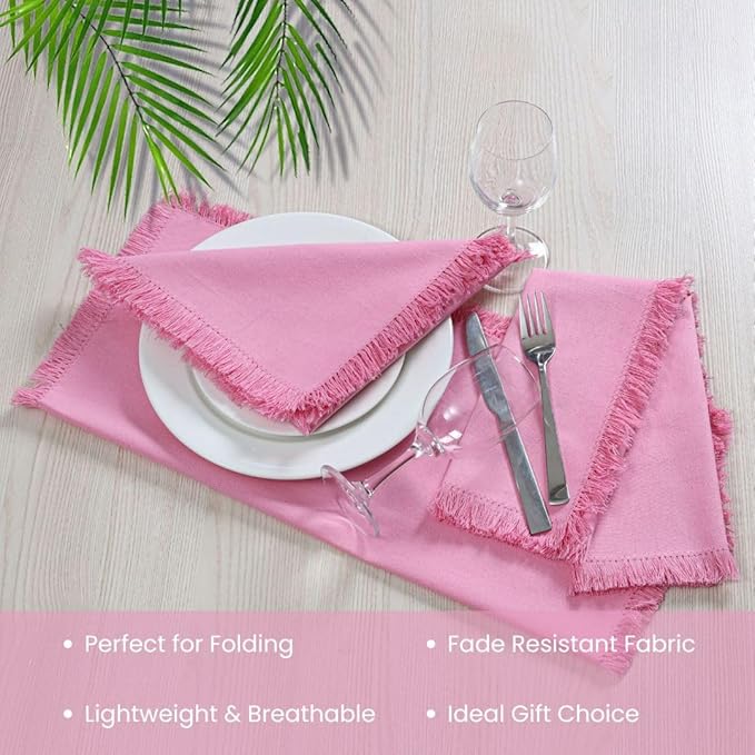 Cloth Dinner Napkins Fringes 100% Cotton Set of 6 - Perfect for Dining Special Occasions Wedding Holidays Christmas - Soft Durable Washable - Elegant 20x20 Inch Cloth Napkins Baby Pink