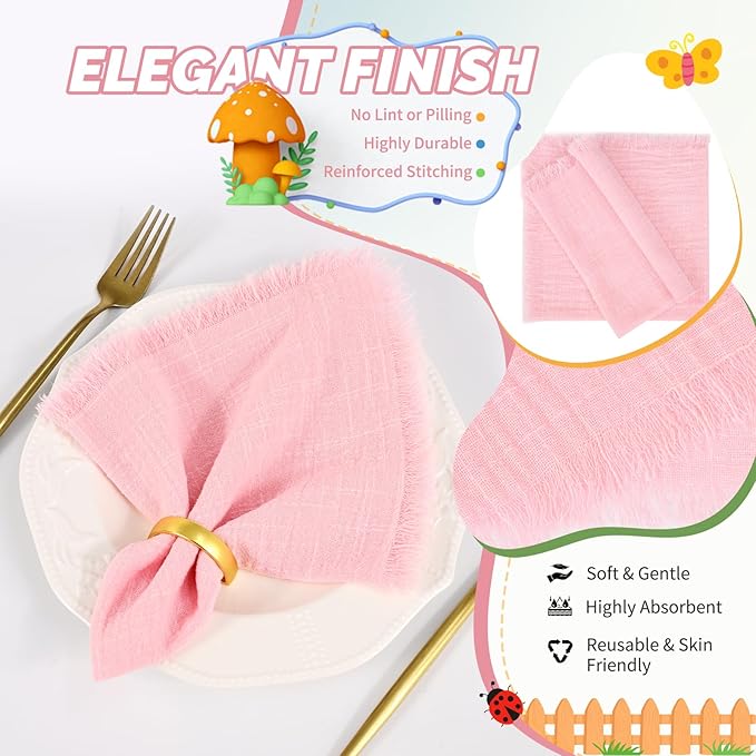 Showgeous 30 Pack Pink Cloth Napkins with Fringe 16x16 inch 100% Cotton Pink Napkins Handmade Dinner Napkins Bulk Washable Soft Rustic Table Napkins for Wedding Parties Bridal Baby Shower