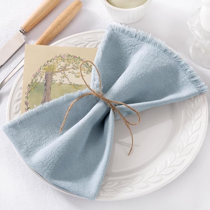 DeZerlor 12 Pack Gray- Blue Cotton Linen Napkins with Fringe Spring Cloth Napkins Set of 12 Boho Handmade Dinner Napkins Bulk for Wedding Bridal Baby Shower Parties, 17 x 17 Inches