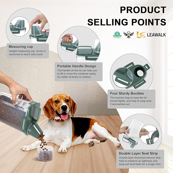 LEAWALK 3-5Lbs/3Qt Dog Cat Food Storage Container With Foldable Bowl. Plastic Pet Food Dispenser for Small Animal Kibble/Pet Food/Bird Seed/Oatmeal/Rice/Flour/Brown Sugart/Cereals (Dark Green)